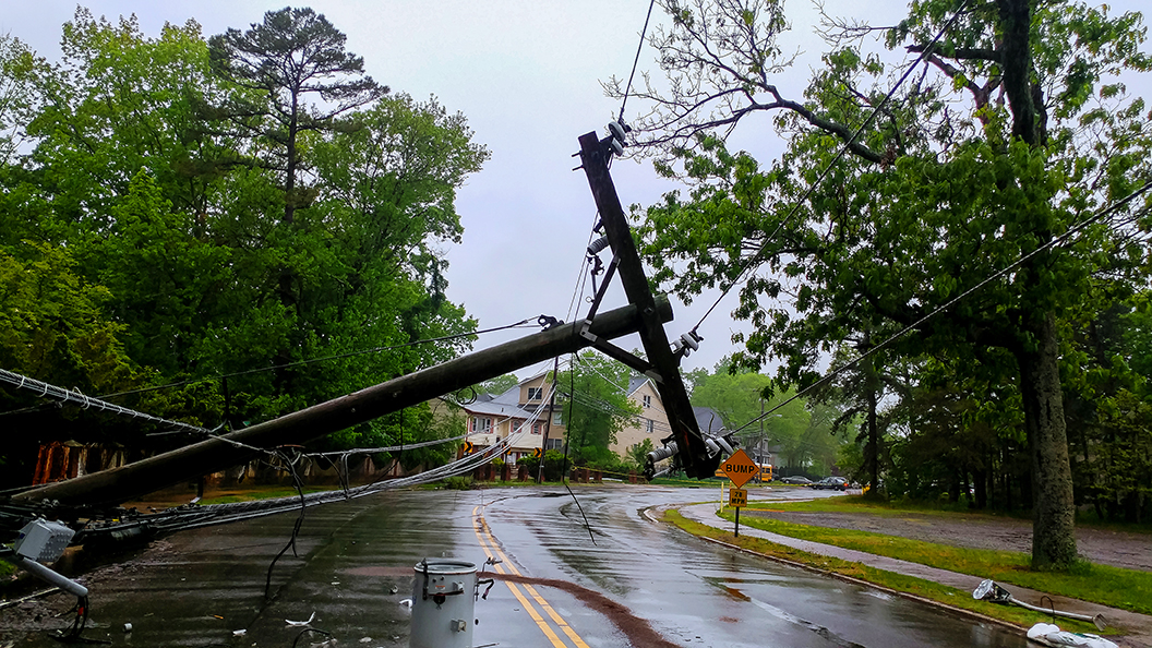 transformer on a electric poles and a tree laying across power lines over a road after Hurricane Ian